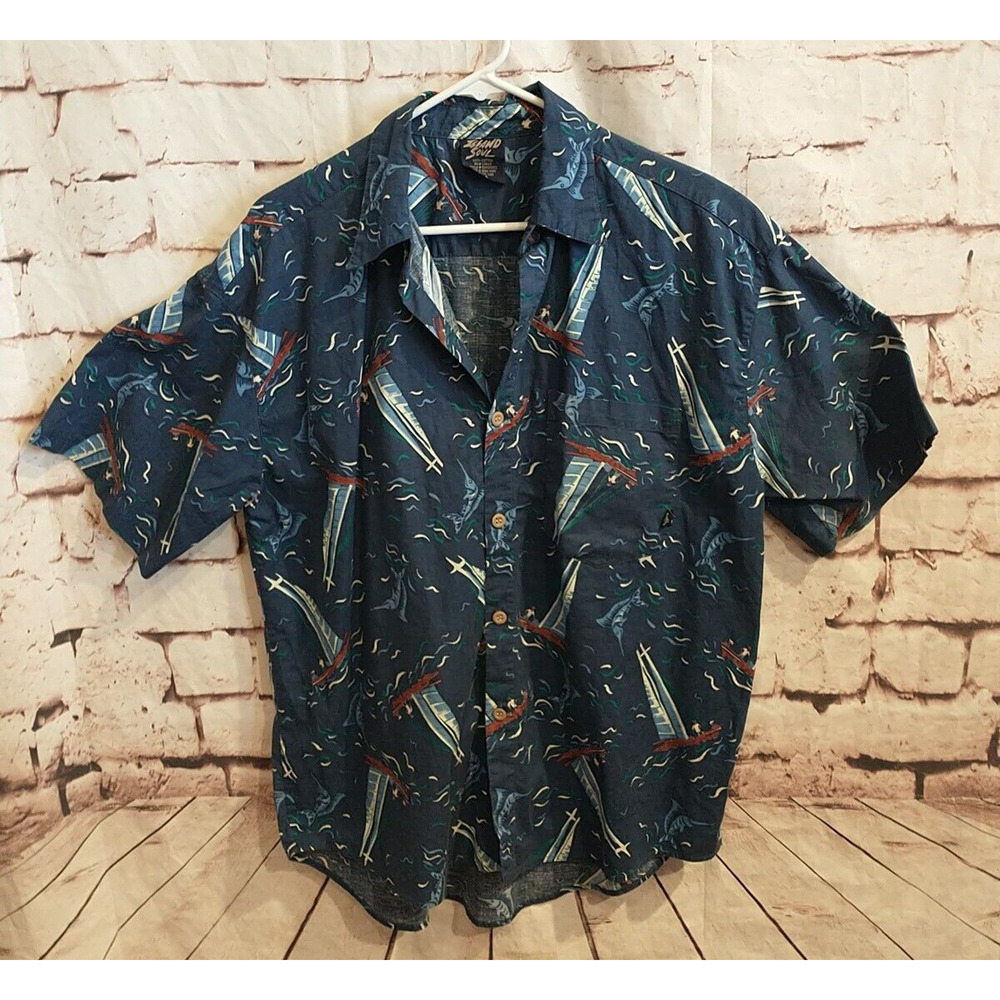 Vintage Island Soul Mens Size Medium Hawaiian Shirt Sailing Sailfish Blue Cotton